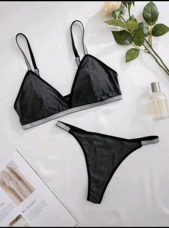 Dark Grey Deep V Bra Set