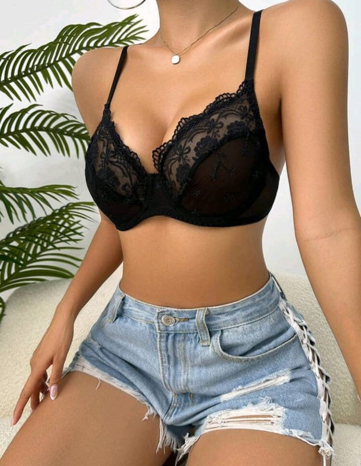 Floral Lace Underwire Push-Up Bra (Black)
