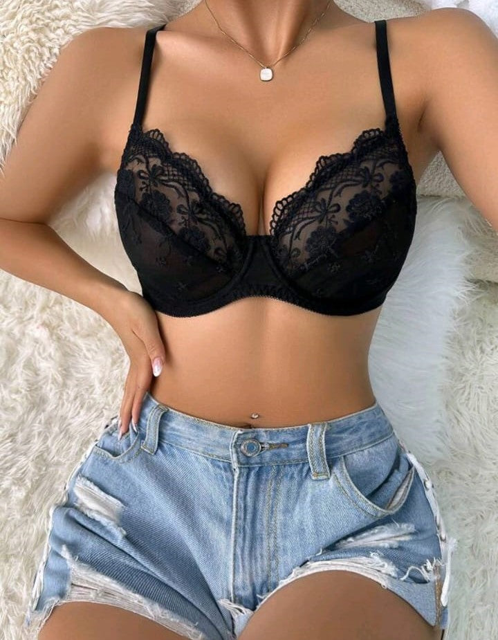 Floral Lace Underwire Push-Up Bra (Black)