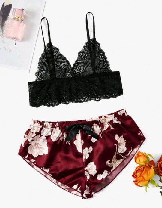 Floral Lace & Satin PJ Set