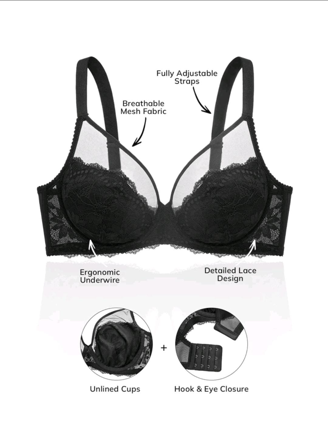 Classic Lace Full-Coverage Bra (Black)