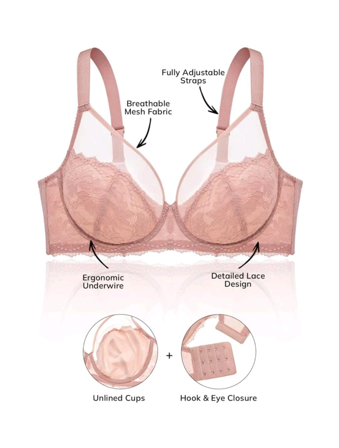 Classic Lace Full-Coverage Bra (Pink)