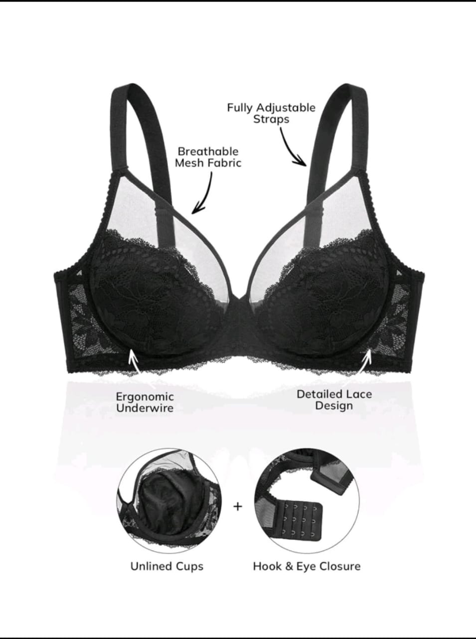 Classic Lace Full-Coverage Bra (Plus Size Black)