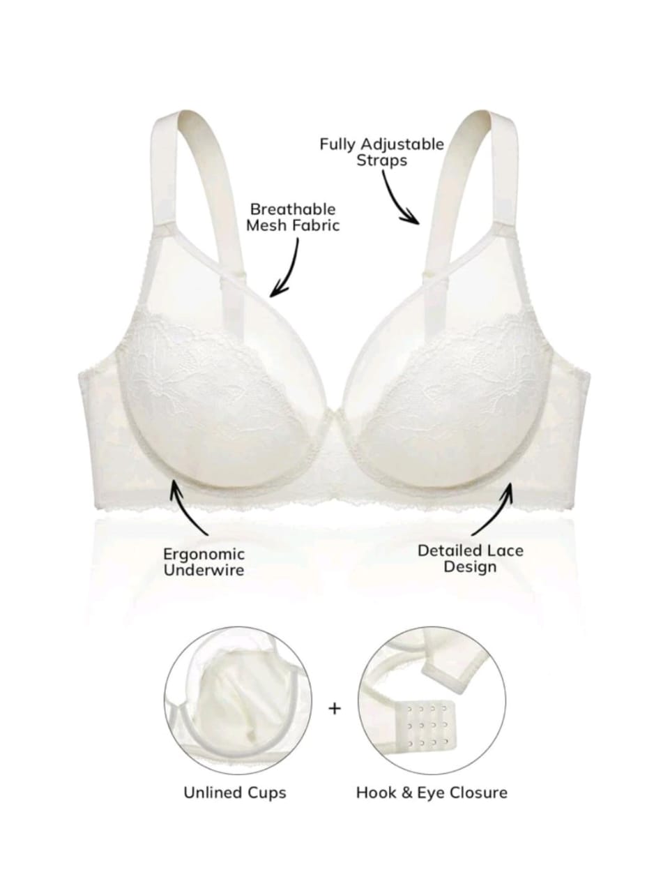 Classic Lace Full-Coverage Bra (Plus Size White)