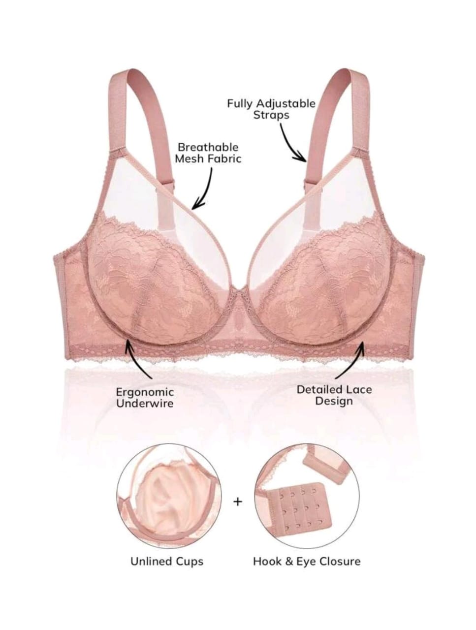 Classic Lace Full-Coverage Bra (Plus Size Pink)