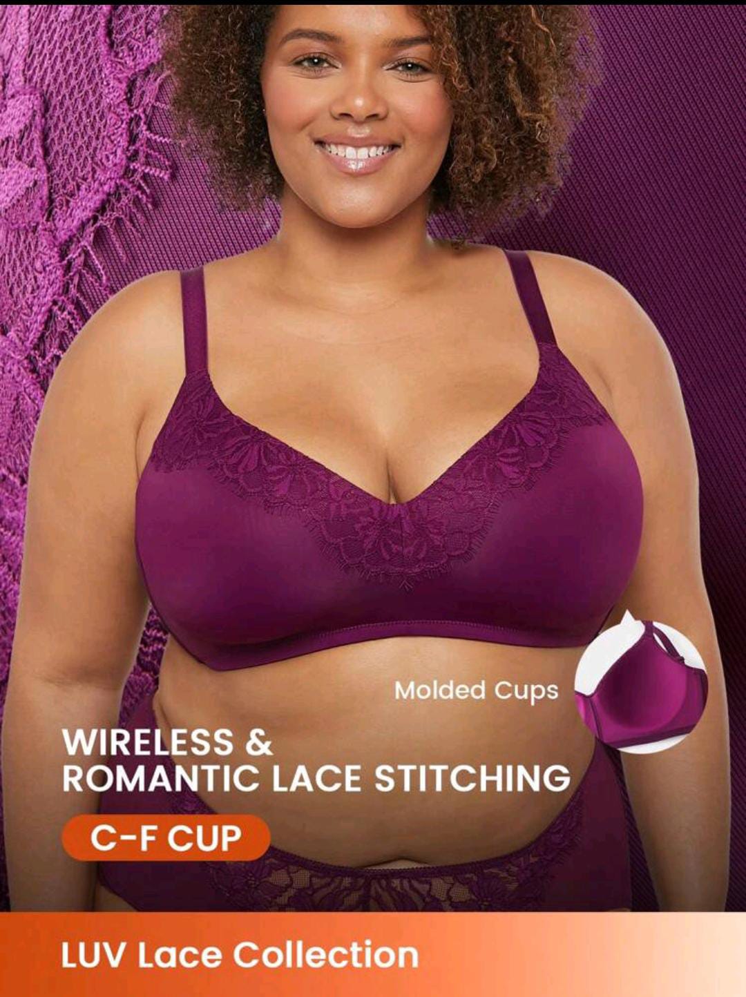 CloudSoft V-Neck Wireless Push-up Purple Bra (Plus Size)