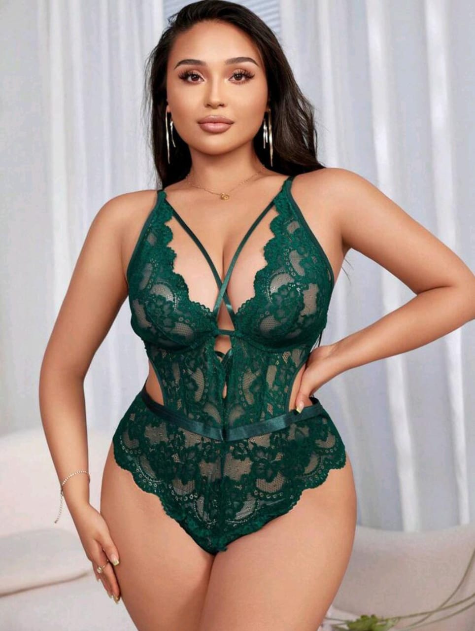 Floral Lace Plus-Size Bodysuit (Dark Green)