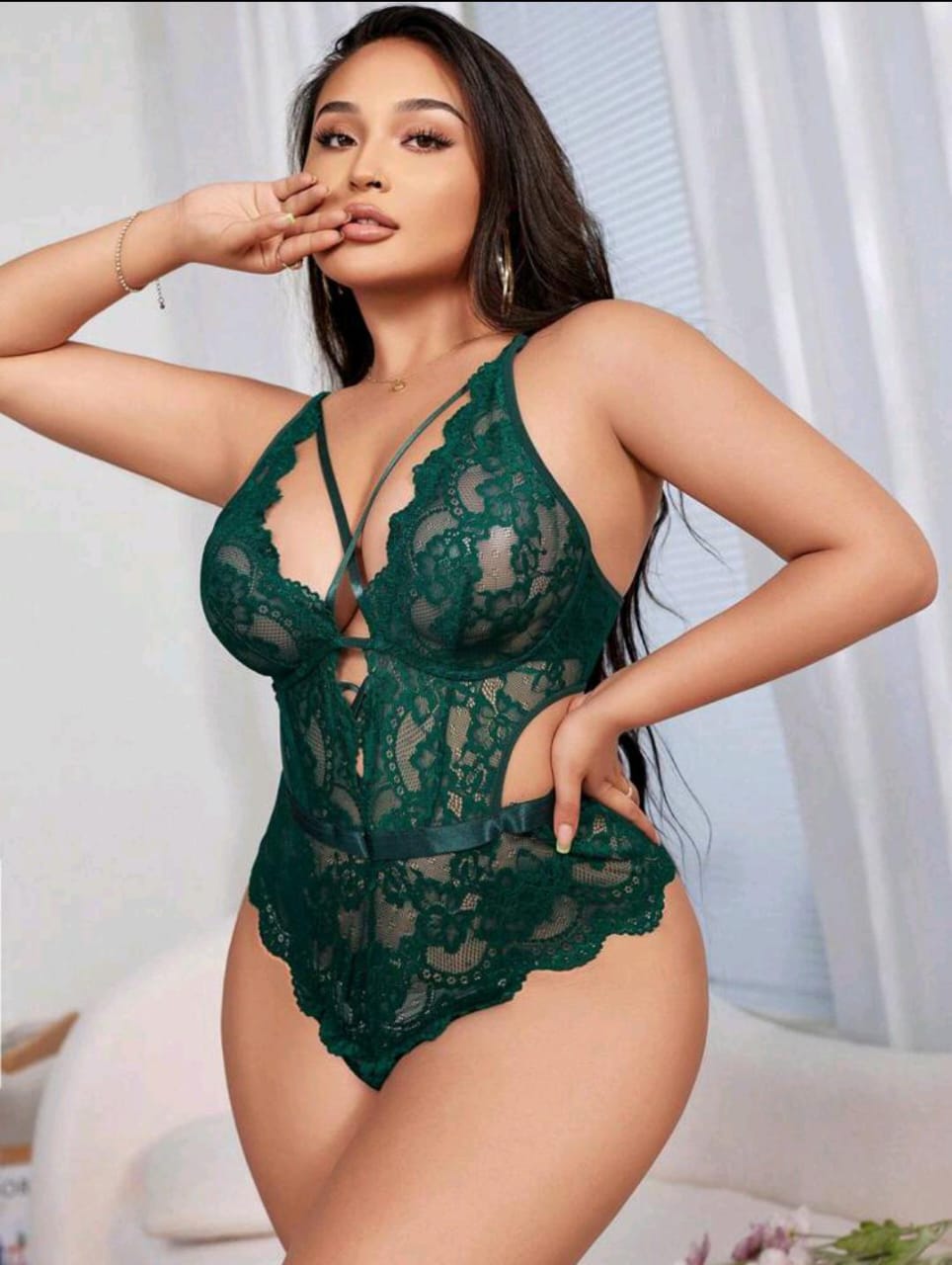 Floral Lace Plus-Size Bodysuit (Dark Green)