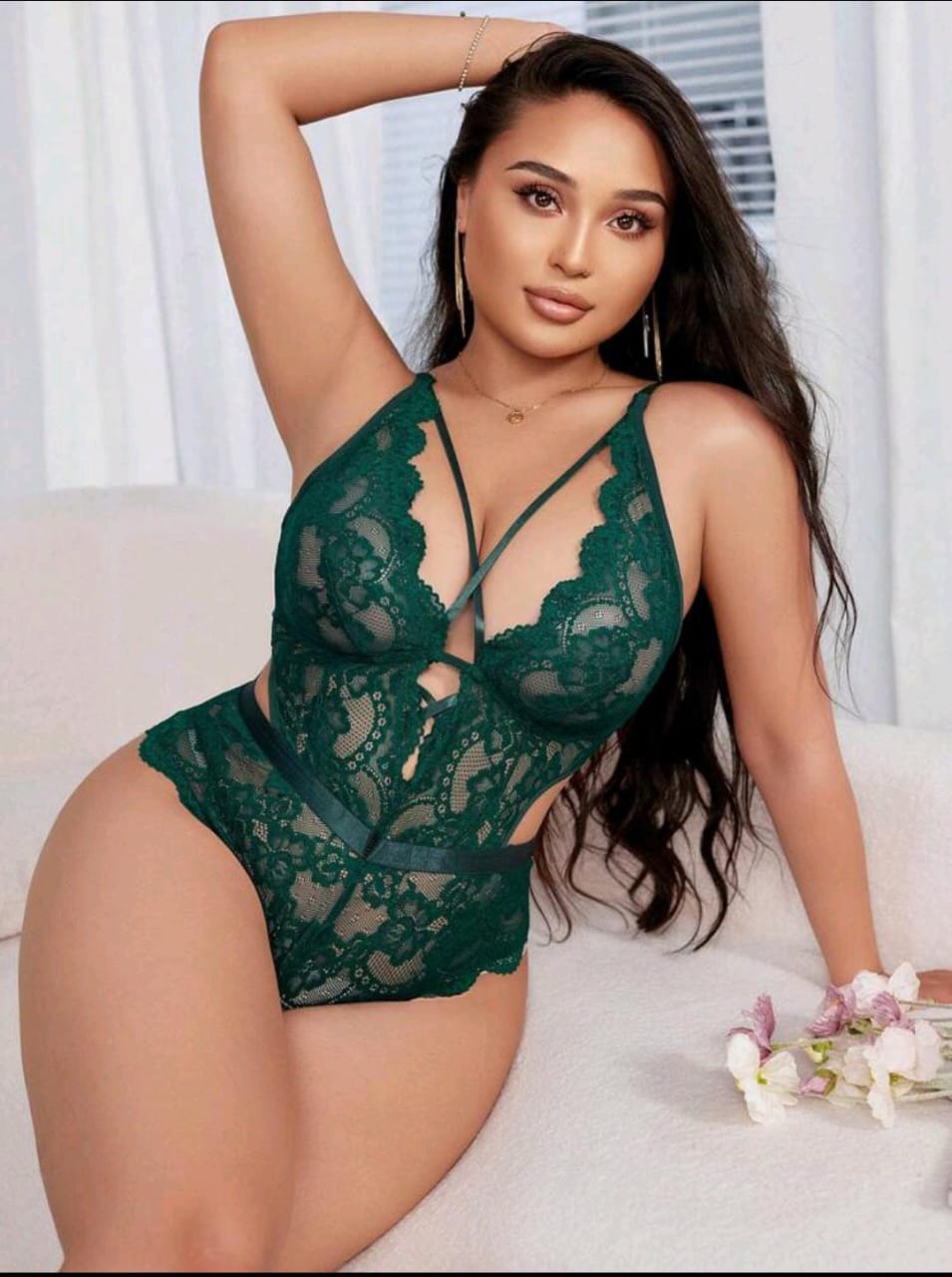 Floral Lace Plus-Size Bodysuit (Dark Green)