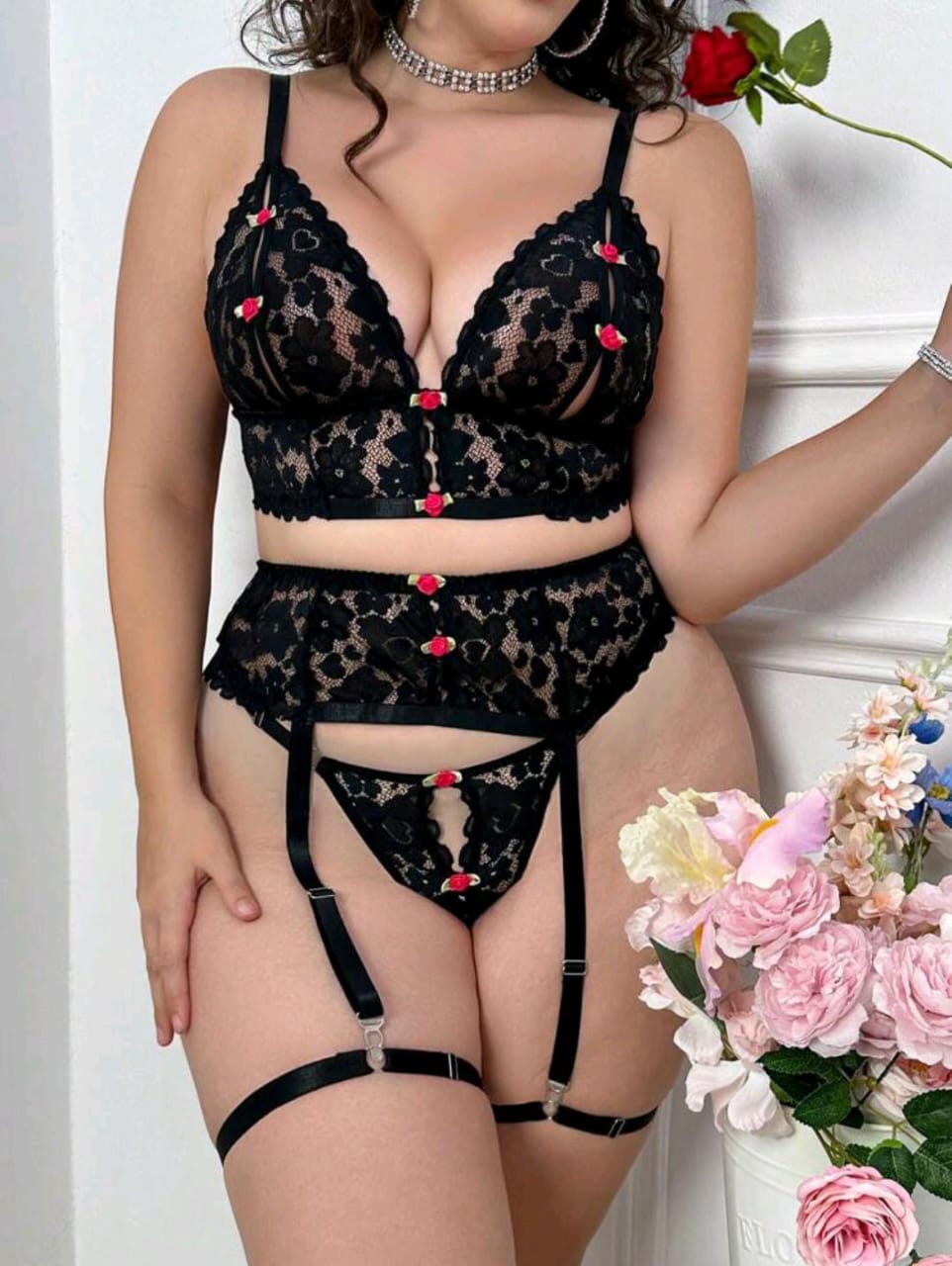 5-Piece Plus Size Lace Patchwork Lingerie Set