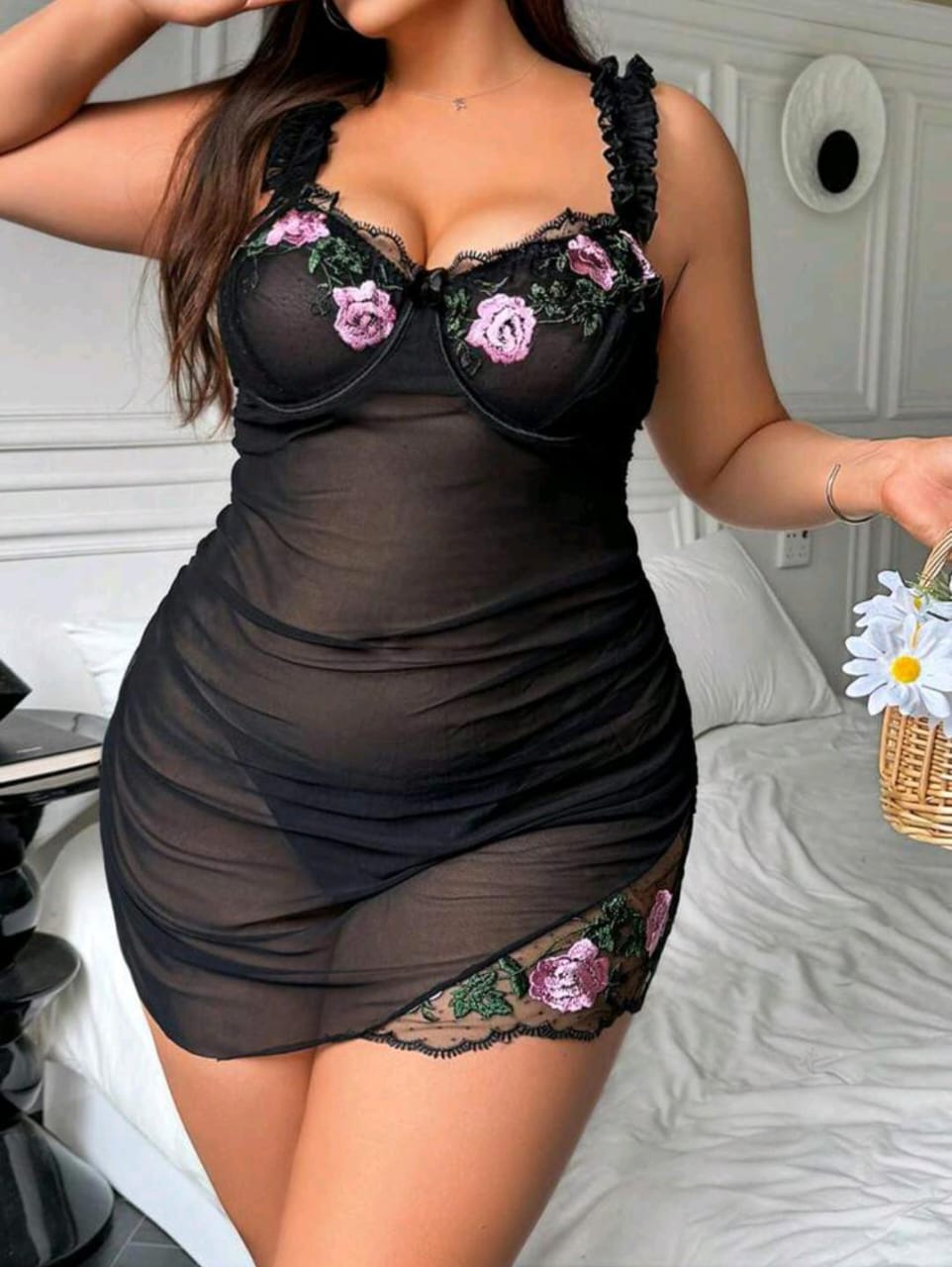 2 Piece Floral Dreams Mesh Black Set (Plus Size Available)