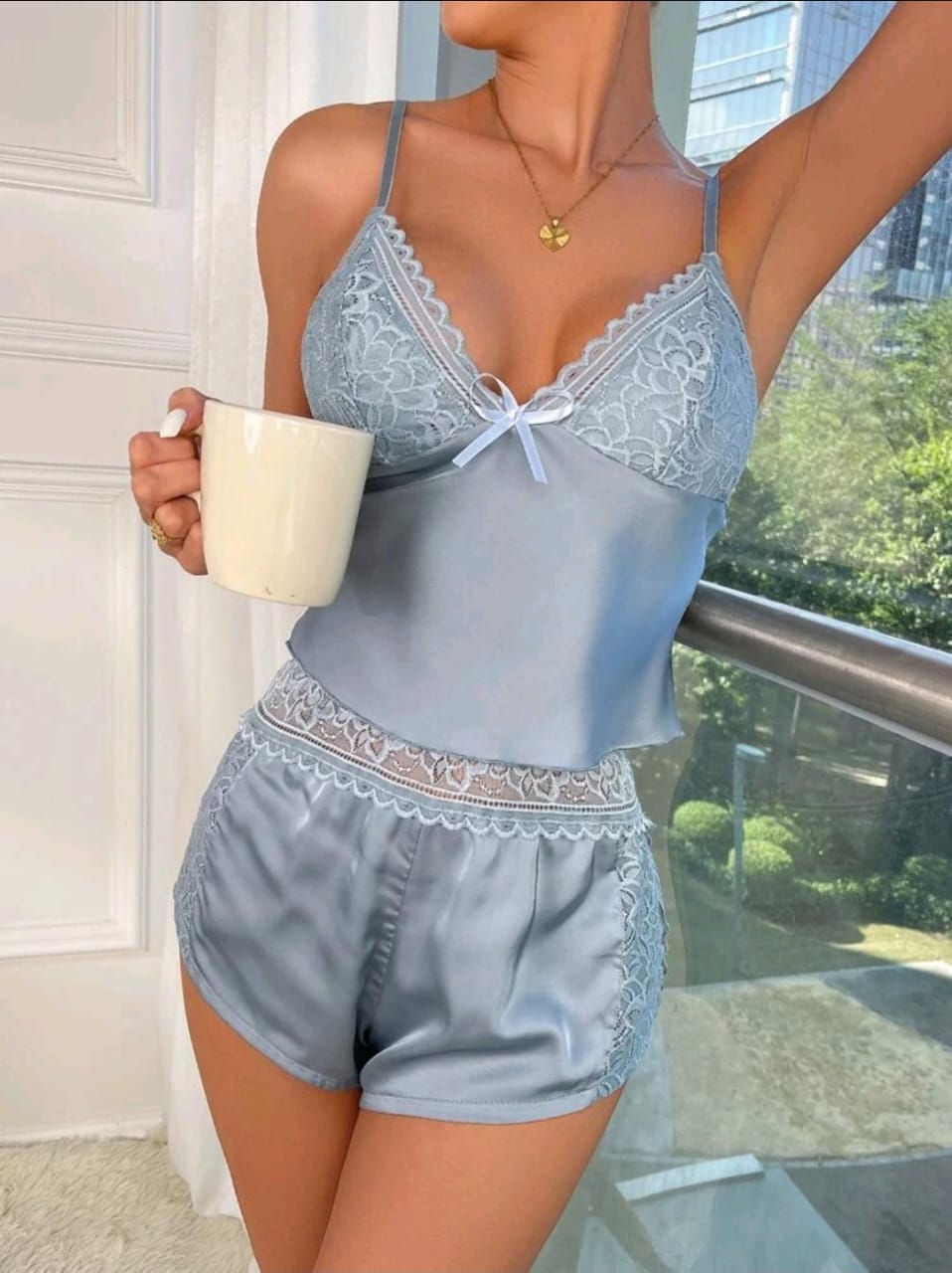 2 Piece Midnight Mischief Satin Blue Set